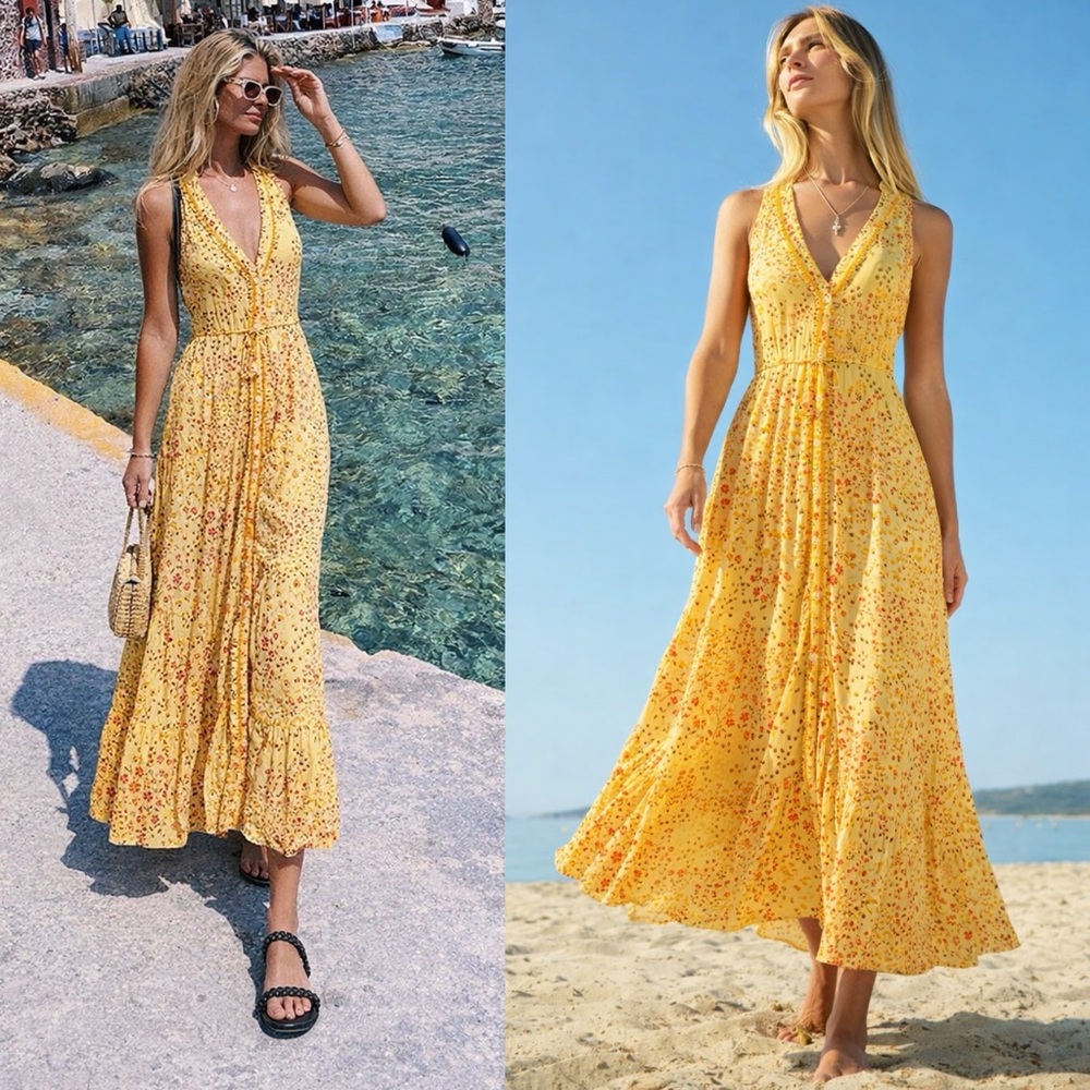 Poupette St Barth Nana Floral Maxi Dress Yellow Multicolor Medium